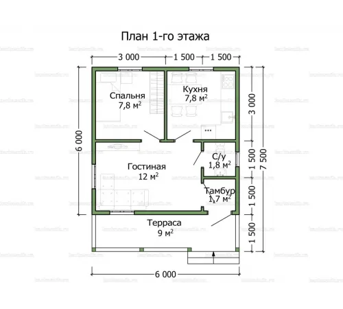 Дачный дом с террасой 7.5х6 -  Проект КД110