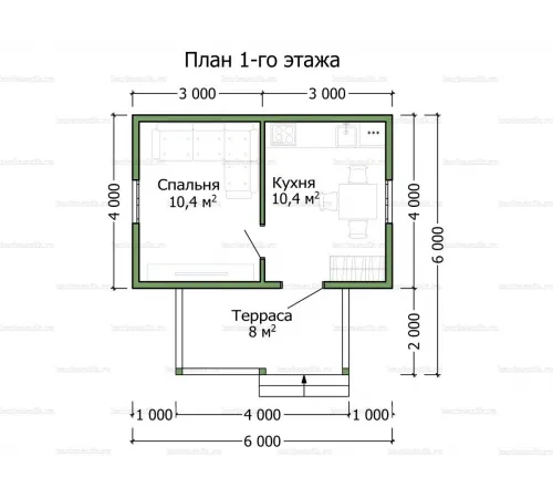 Дачный дом с одной комнатой 6 на 4 -  Проект КД94